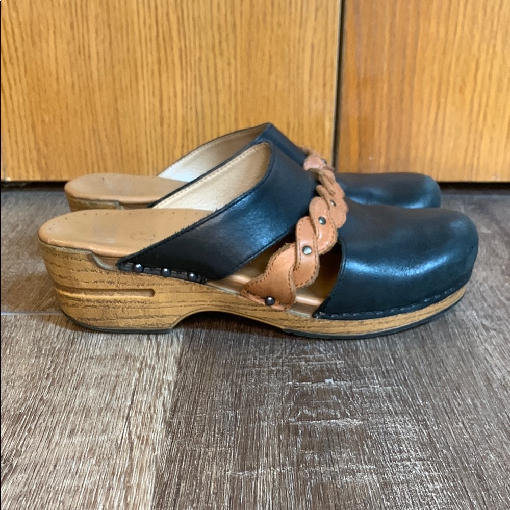 Dansko Black and Tan Leather Clogs
